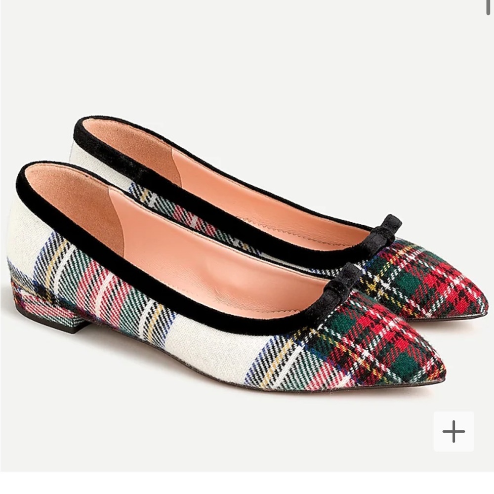 J. Crew Pointed-toe bow flats in snowy Stewart tartan size 8.5